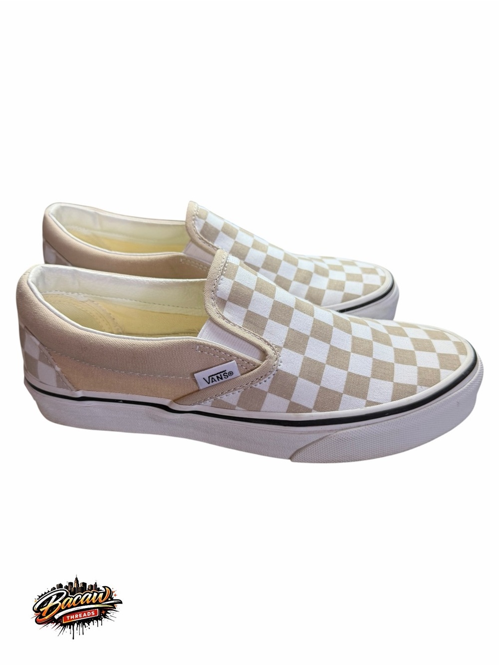 Vans Classic Slip-On Checkerboard Tan Cream White Canvas skate Shoes